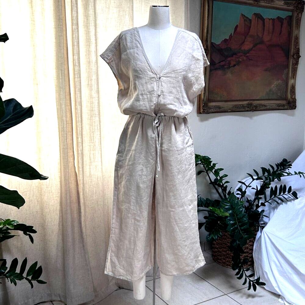 Linen Wide Leg Jumpsuit Coastal Minimal Euro Summer Neutral Pockets Women M